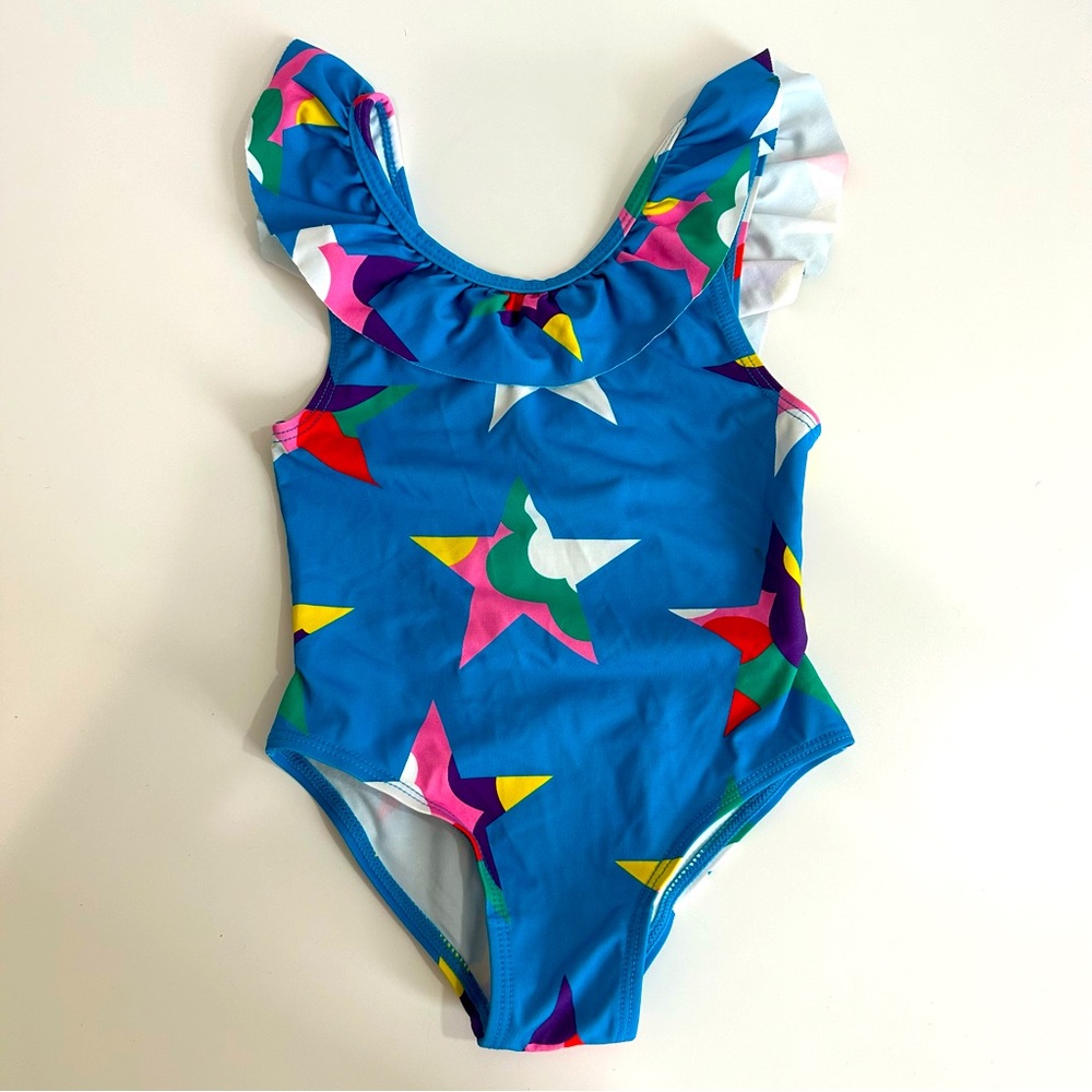 Stella McCartney Girls Blue Stars 1-Piece Ruffle Neck Swimsuit 3yr or 5yr